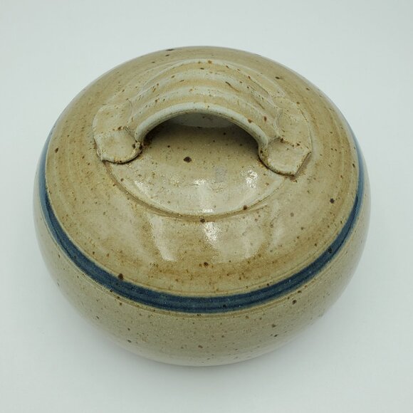 Pottery Covered Cheese Dish Butter Dish Lidded Tan Blue Band Pottery Dish - Picture 6 of 6